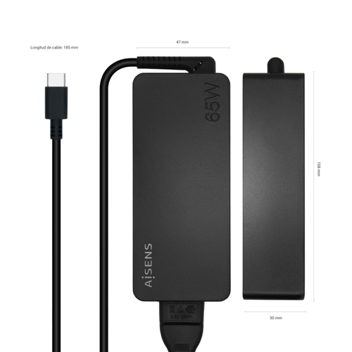 AISENS - CARGADOR 65W PD3.0 1XUSB-C 1.8M, NEGRO