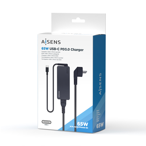 AISENS - CARGADOR 65W PD3.0 1XUSB-C 1.8M, NEGRO