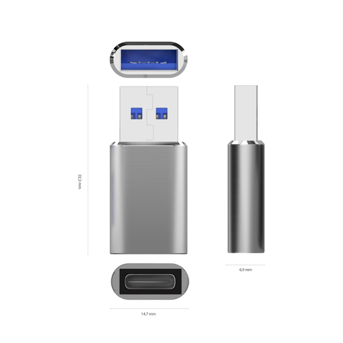 AISENS - MINI ADAPTADOR USB 3.2 GEN2 / USB 2.03A, TIPO USB-C/H-A/M, GRIS