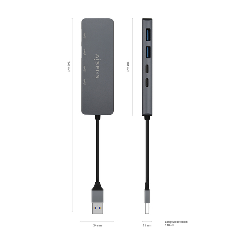 AISENS - HUB USB 3.2 GEN1 5G USB-A, USB-A/M-2xUSB-C/H-2xUSB-A/H, GRIS, 15CM