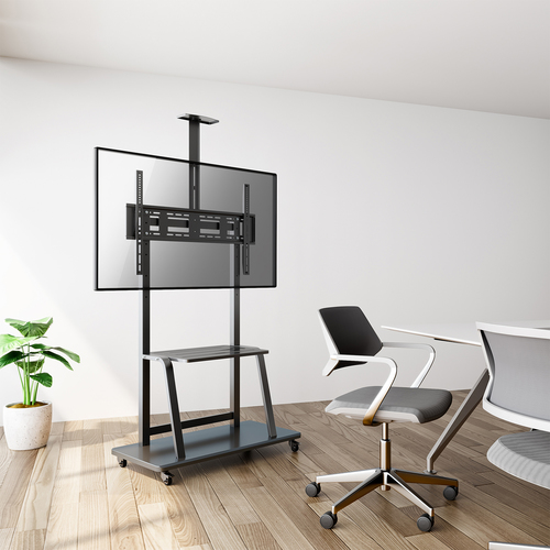 AISENS - SOPORTE DE SUELO ECO CON RUEDA, BANDEJA PARA DVD Y SOPORTE DE CAMARA PARA MONITOR/TV 150KG DE 37-100, NEGRO