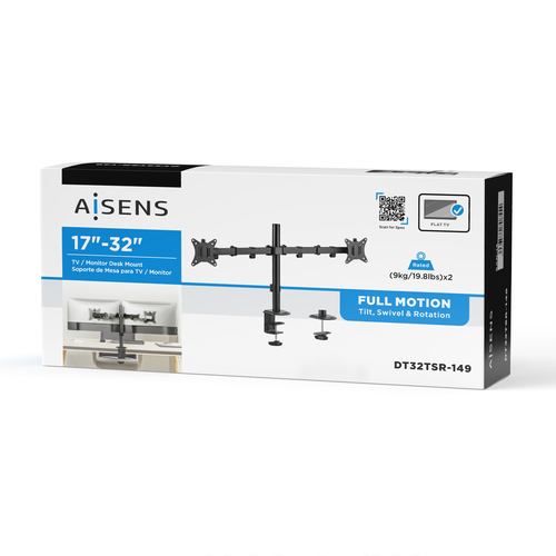 AISENS - SOPORTE DE MESA ECO GIRATORIO E INCLINABLE PARA 9KG (3 PIVOTES, 2 BRAZOS) DE 17-32, NEGRO