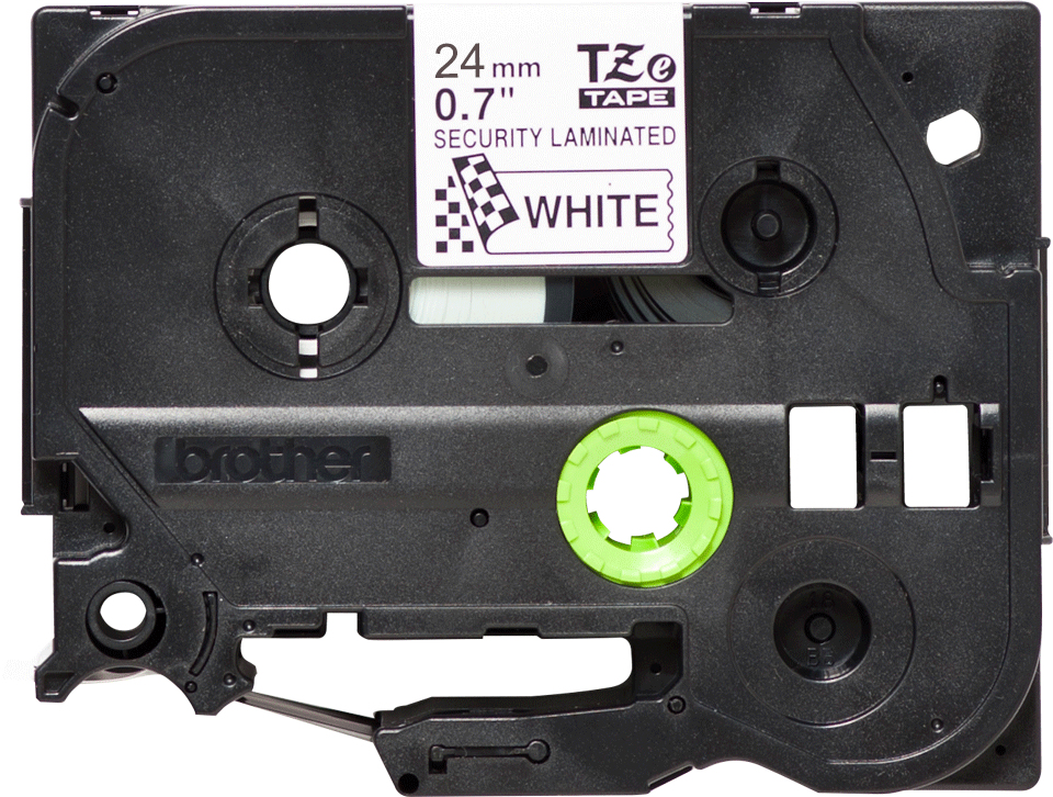 BROTHER Cinta Laminada de seguridad. Texto negro sobre fondo blanco. Ancho: 24mm. Longitud: 8m.