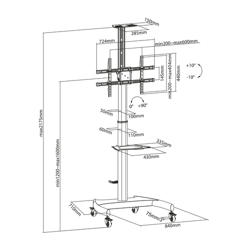 AISENS   SOPORTE DE SUELO ECO CON RUEDAS Y MANIVELA, BANDEJA PARA DVD Y SOPORTE DE CAMARA PARA MONITOR/TV 50KG DE 37-70, NEGRO