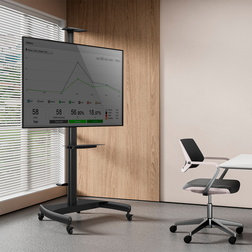 AISENS   SOPORTE DE SUELO ECO CON RUEDAS Y MANIVELA, BANDEJA PARA DVD Y SOPORTE DE CAMARA PARA MONITOR/TV 50KG DE 37-70, NEGRO