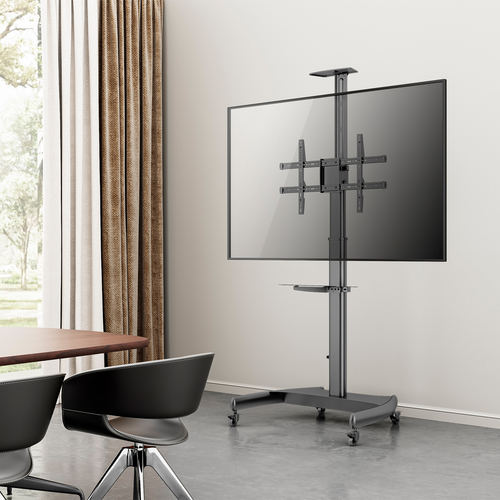 AISENS   SOPORTE DE SUELO ECO CON RUEDAS Y MANIVELA, BANDEJA PARA DVD Y SOPORTE DE CAMARA PARA MONITOR/TV 50KG DE 37-70, NEGRO
