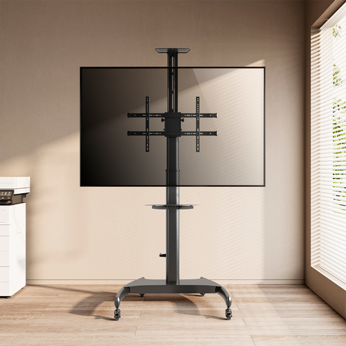 AISENS   SOPORTE DE SUELO ECO CON RUEDAS Y MANIVELA, BANDEJA PARA DVD Y SOPORTE DE CAMARA PARA MONITOR/TV 50KG DE 37-70, NEGRO