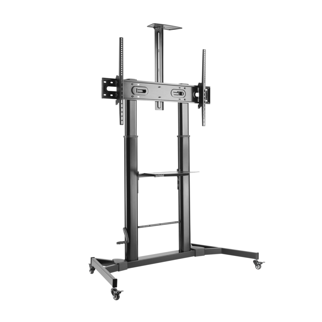 AISENS   SOPORTE DE SUELO ECO CON RUEDAS Y MANIVELA, BANDEJA PARA DVD Y SOPORTE DE CAMARA PARA MONITOR/TV 100KG DE 60-100, NEGRO
