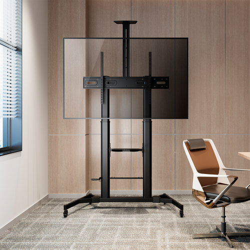 AISENS   SOPORTE DE SUELO ECO CON RUEDAS Y MANIVELA, BANDEJA PARA DVD Y SOPORTE DE CAMARA PARA MONITOR/TV 100KG DE 60-100, NEGRO