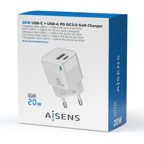 AISENS - CARGADOR GAN 20W, 1XUSB-C PD3.0 QC4.0, 1XUSB-A QC3.0, BLANCO