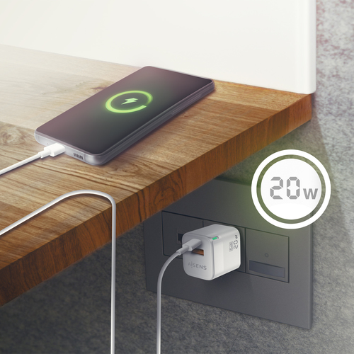 AISENS - CARGADOR GAN 20W, 1XUSB-C PD3.0 QC4.0, 1XUSB-A QC3.0, BLANCO