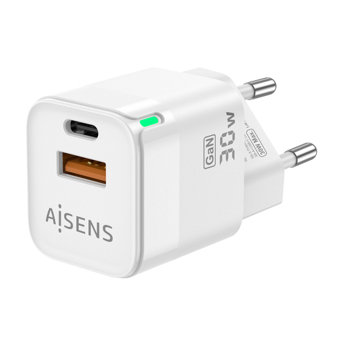 AISENS - CARGADOR GAN 30W, 1XUSB-C PD3.0 QC4.0, 1XUSB-A QC3.0, BLANCO