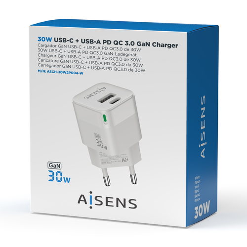 AISENS - CARGADOR GAN 30W, 1XUSB-C PD3.0 QC4.0, 1XUSB-A QC3.0, BLANCO