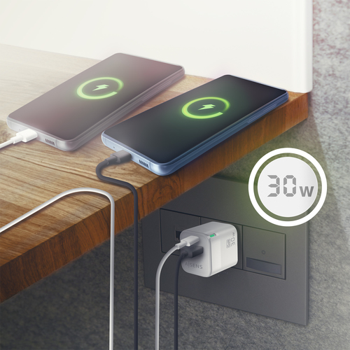 AISENS - CARGADOR GAN 30W, 1XUSB-C PD3.0 QC4.0, 1XUSB-A QC3.0, BLANCO