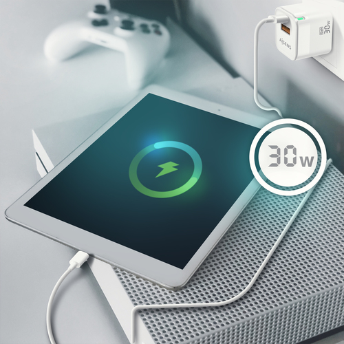 AISENS - CARGADOR GAN 30W, 1XUSB-C PD3.0 QC4.0, 1XUSB-A QC3.0, BLANCO
