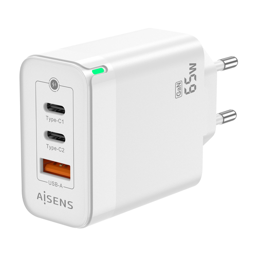 AISENS - CARGADOR GAN 65W, 2XUSB-C PD3.0 QC4.0, 1XUSB-A QC3.0, BLANCO