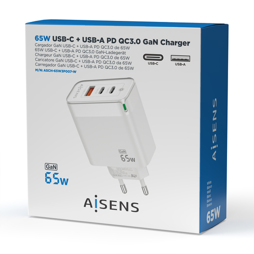 AISENS - CARGADOR GAN 65W, 2XUSB-C PD3.0 QC4.0, 1XUSB-A QC3.0, BLANCO