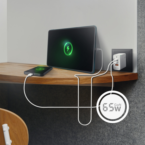 AISENS - CARGADOR GAN 65W, 2XUSB-C PD3.0 QC4.0, 1XUSB-A QC3.0, BLANCO