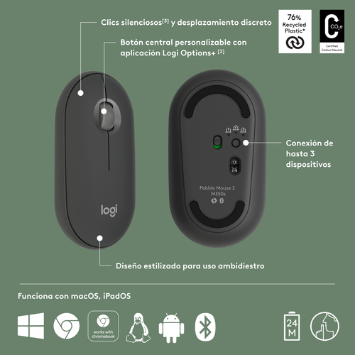 LOGITECH RATON INALAMBRICO PEBBLE MOUSE 2 M350S NEGRO.