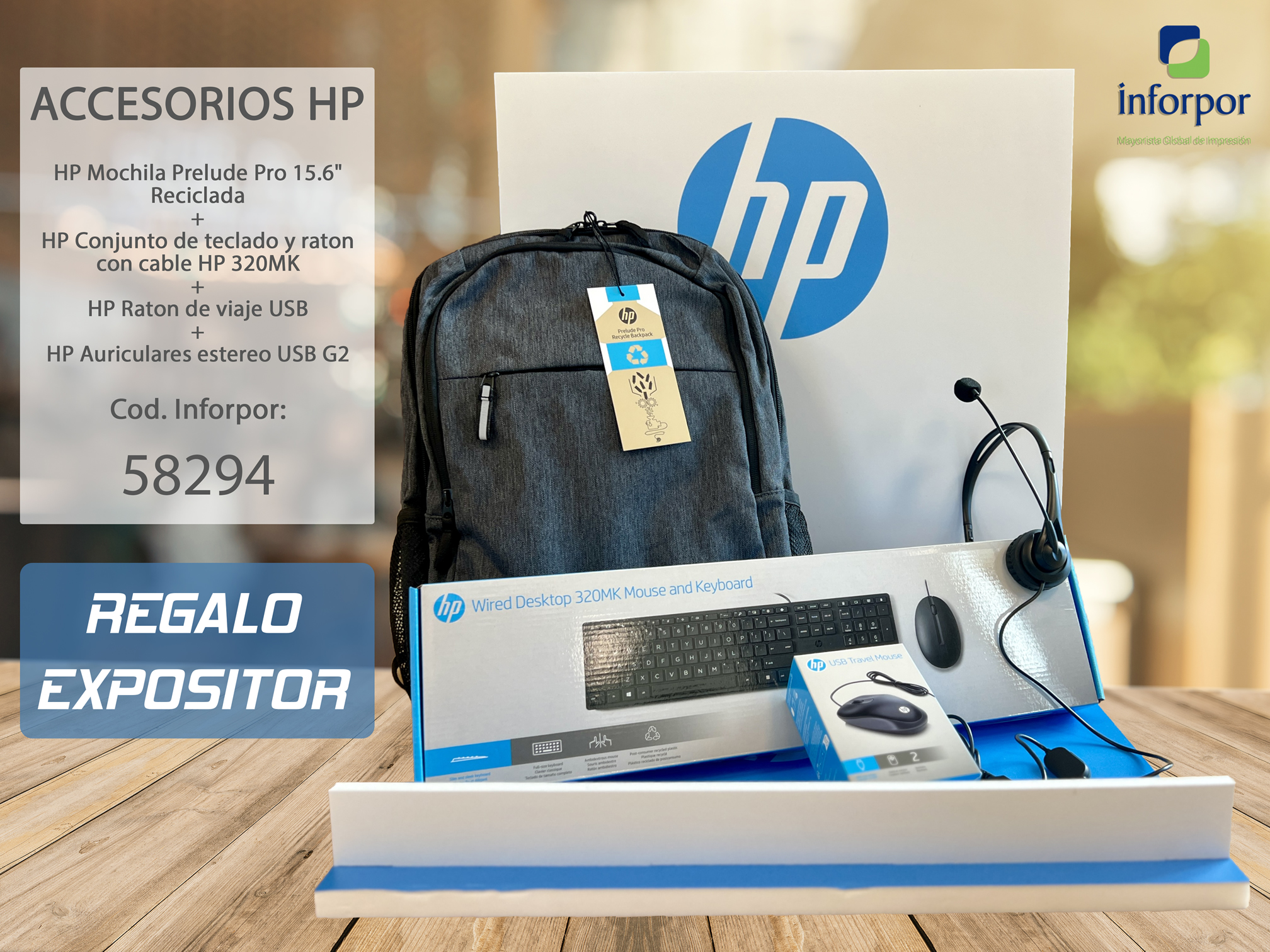 HP Auriculares G2 + Combo 320MK+ Ratón viaje + Mochila 15.6" + Expositor de Regalo