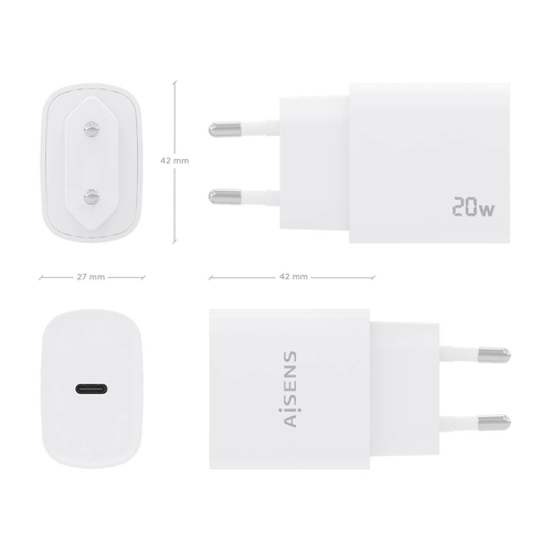 AISENS - CARGADOR USB-C PD3.0 1 PUERTO 1xUSB-C 20W, BLANCO