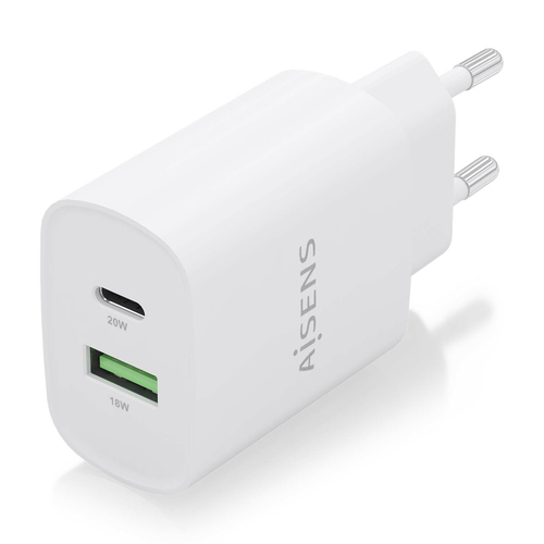 AISENS - CARGADOR 20W, 1xUSB-C PD3.0, 1xUSB-A QC3.0, BLANCO