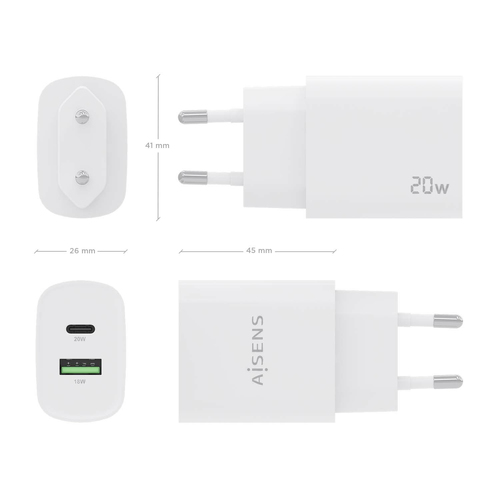 AISENS - CARGADOR 20W, 1xUSB-C PD3.0, 1xUSB-A QC3.0, BLANCO