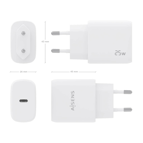 AISENS - CARGADOR USB-C PD3.0 1 PUERTO 1xUSB-C 25W, BLANCO