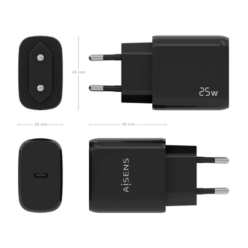 AISENS - CARGADOR USB-C PD3.0 1 PUERTO 1xUSB-C 25W, NEGRO
