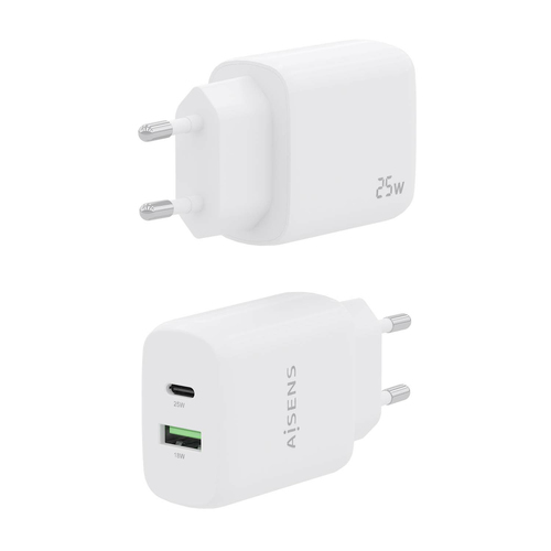 AISENS - CARGADOR 25W, 1xUSB-C PD3.0, 1xUSB-A QC3.0, BLANCO