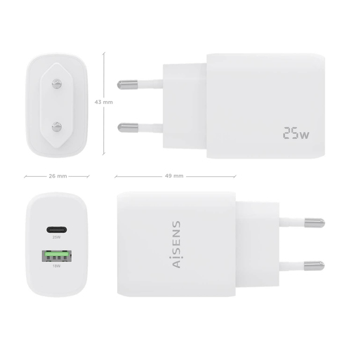 AISENS - CARGADOR 25W, 1xUSB-C PD3.0, 1xUSB-A QC3.0, BLANCO