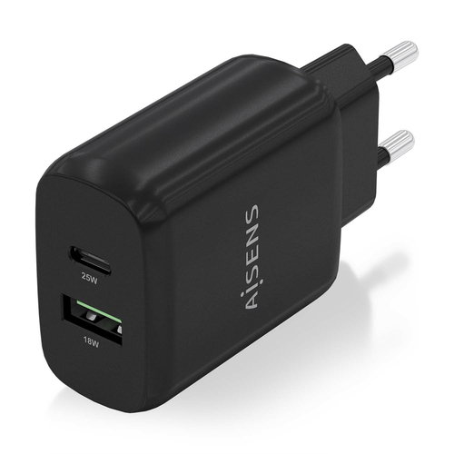 AISENS - CARGADOR 25W, 1xUSB-C PD3.0, 1xUSB-A QC3.0, NEGRO