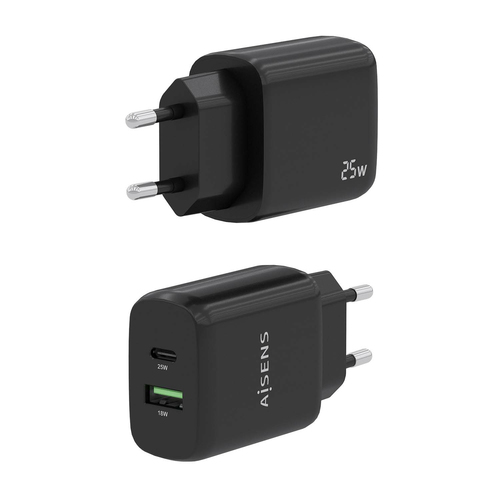 AISENS - CARGADOR 25W, 1xUSB-C PD3.0, 1xUSB-A QC3.0, NEGRO
