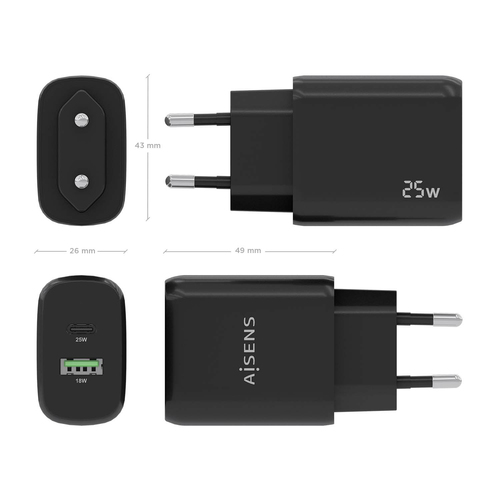 AISENS - CARGADOR 25W, 1xUSB-C PD3.0, 1xUSB-A QC3.0, NEGRO
