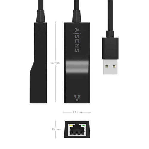 AISENS - CONVERSOR USB 3.0 A ETHERNET GIGABIT 10/100/1000 MBPS, NEGRO, 15CM