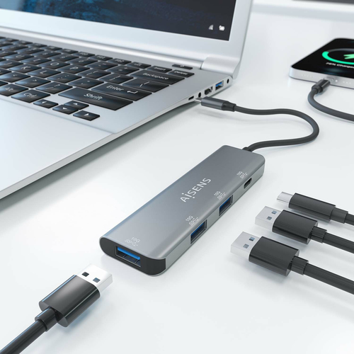 AISENS - HUB USB 3.2 GEN2 10G USB-C, USB-C/M-1xUSB-C/H-3xUSB-A/H, GRIS, 15CM