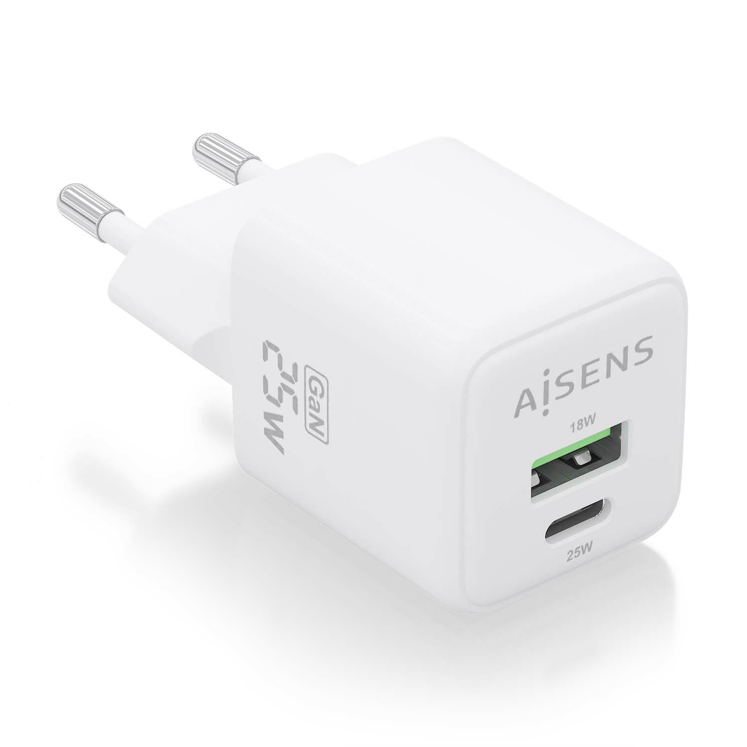 AISENS - CARGADOR GaN 25W, 1xUSB-C PD3.0 QC4.0, 1xUSB-A QC3.0, BLANCO