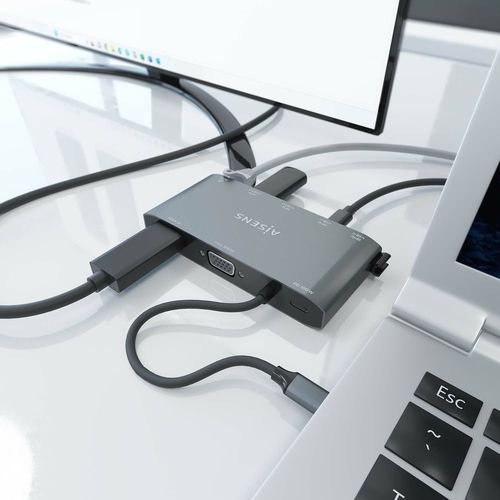 AISENS - USB-C DOCK 8 EN 1, USB-C A 1xHDMI, 1xVGA, 1xRJ45, 2xUSB-A, 2xUSB-C 5G, 1xUSB-C PD, GRIS, 20CM