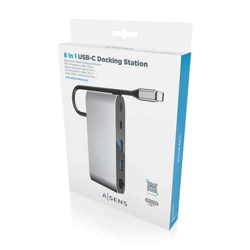 AISENS - USB-C DOCK 8 EN 1, USB-C A 1xHDMI, 1xVGA, 1xRJ45, 2xUSB-A, 2xUSB-C 5G, 1xUSB-C PD, GRIS, 20CM