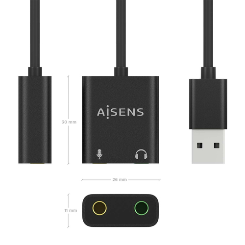 AISENS - CONVERSOR USB-A A AUDIO 48KHz, USB-A/M-2xJACK 3.5/H, NEGRO, 10CM