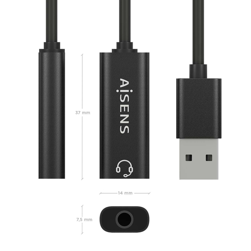 AISENS - CONVERSOR USB-A A AUDIO 48KHz, USB-A/M-JACK 3.5/H, NEGRO, 10CM