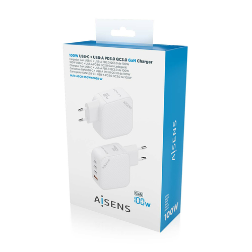 AISENS - CARGADOR GaN 100W, 3xUSB-C PD3.0 QC4.0, 1xUSB-A QC3.0, BLANCO