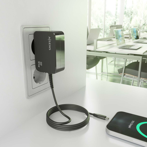 AISENS - CARGADOR GaN 65W PD3.0 1XUSB-C 1.8M, NEGRO