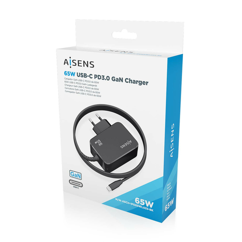 AISENS - CARGADOR GaN 65W PD3.0 1XUSB-C 1.8M, NEGRO