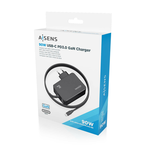 AISENS - CARGADOR GaN 90W PD3.0 1XUSB-C 1.8M, NEGRO