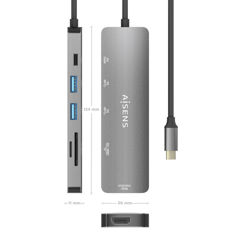 AISENS - USB-C DOCK 6 EN 1, USB-C A 1xHDMI, 2xUSB-A, 1xUSB-C PD 100W, 1xSD, 1xMICRO SD, GRIS, 15CM