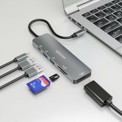 AISENS - USB-C DOCK 6 EN 1, USB-C A 1xHDMI, 2xUSB-A, 1xUSB-C PD 100W, 1xSD, 1xMICRO SD, GRIS, 15CM
