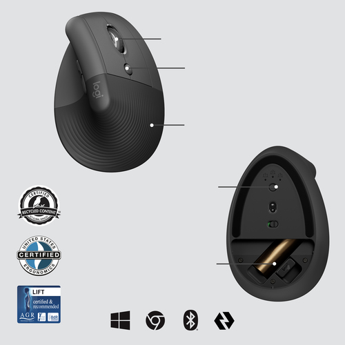 LOGITECH MOUSE RATON INALAMBRICO VERTICAL LIFT FOR BUSINESS 4000 DPI NEGRO GRIS