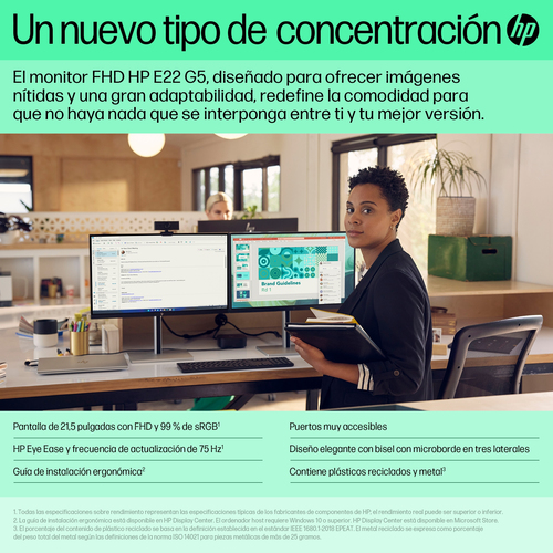 HP Monitor E22 G5 / 21,5" / FHD / HDMI-DisplayPort-USB(A)-USB(B) / Regulable Altura