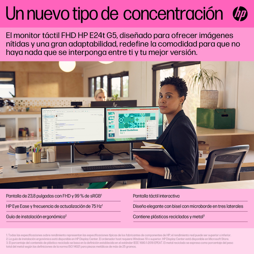 HP Monitor E24t G5 / 23,8" / FHD / HDMI-DisplayPort-USB(A)-USB(B) / Regulable Altura / Tactil